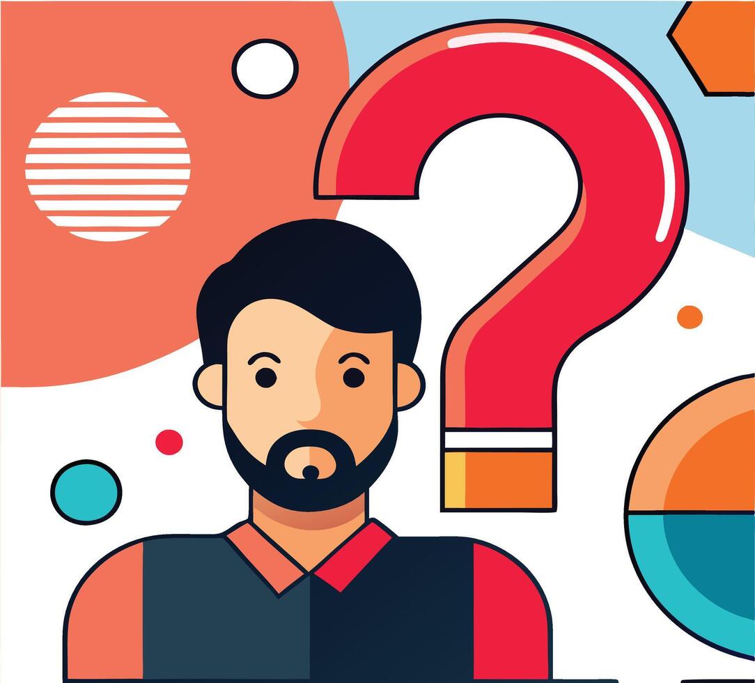 Pensive man ponders with a question mark amidst abstract shapes on a white background vector