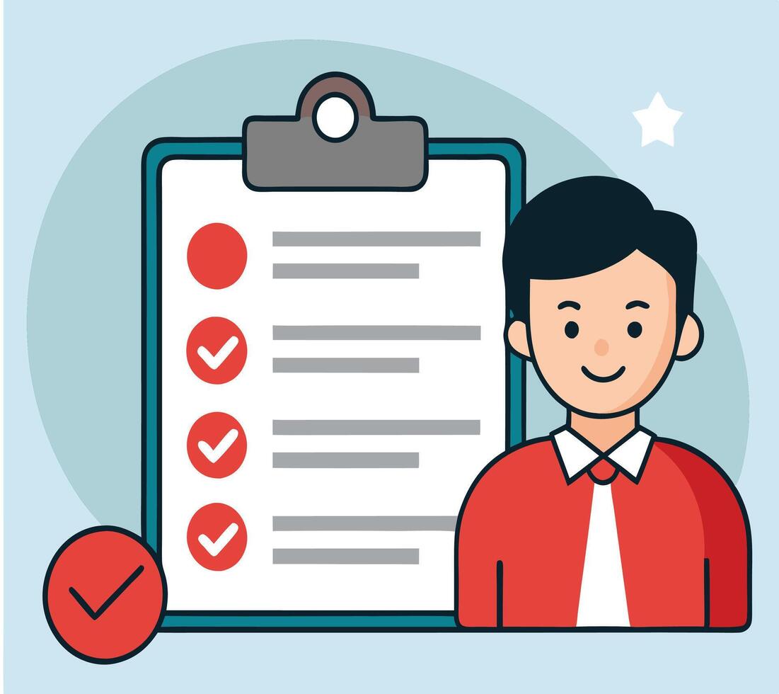 Smiling professional person stands by task checklist for completion and improved productivity efficiently vector