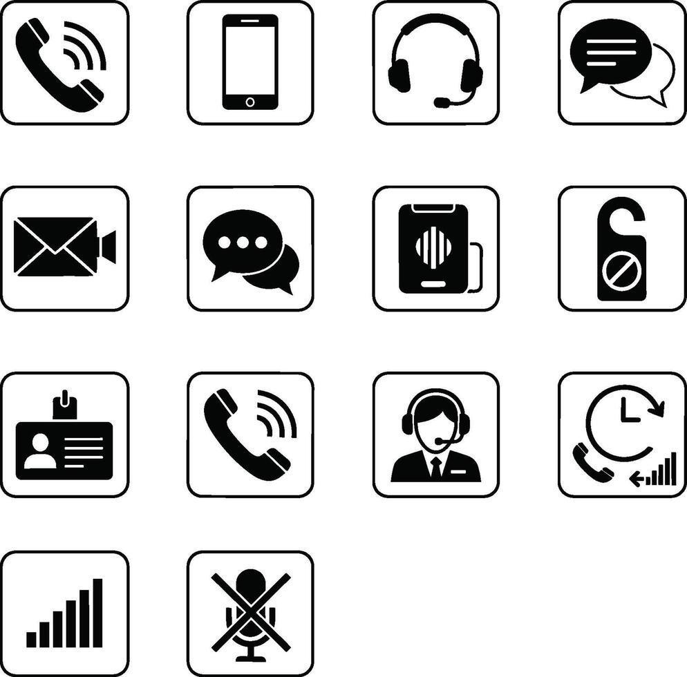 Black and white communication icons showing support, calling, and messaging features. vector