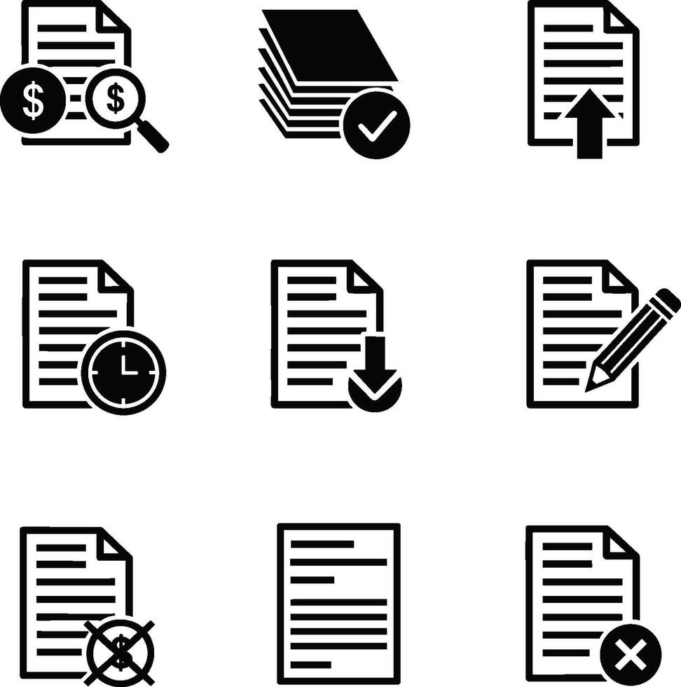 Document Management Icons Financial Analysis, Processing, Upload, and Edit vector