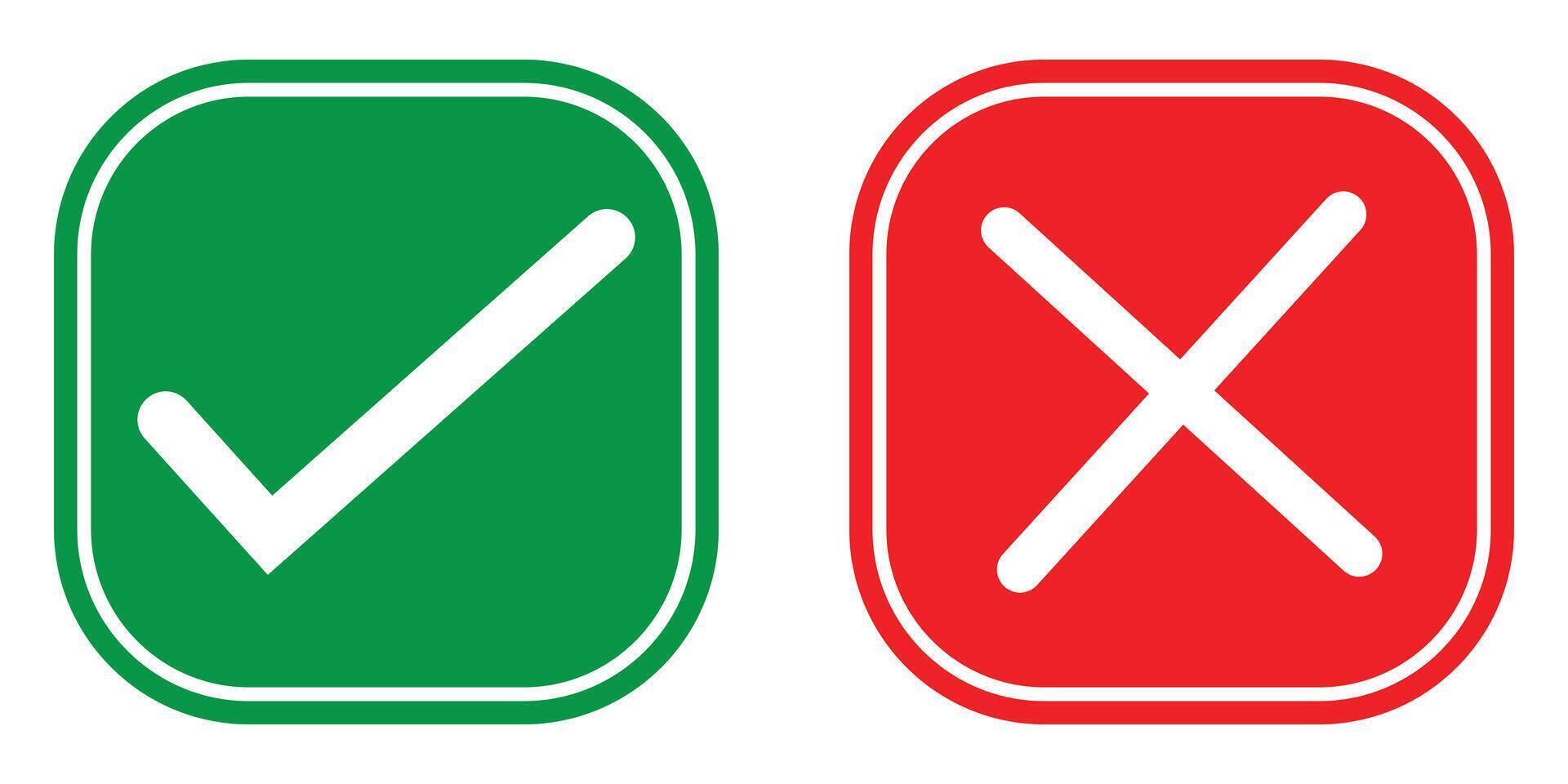 Check mark and cross mark icon concept. Yes and No or Approved and Declined or Right and Wrong square icon symbol. Green tick and red cross icon isolated on white background. Simple illustration. vector