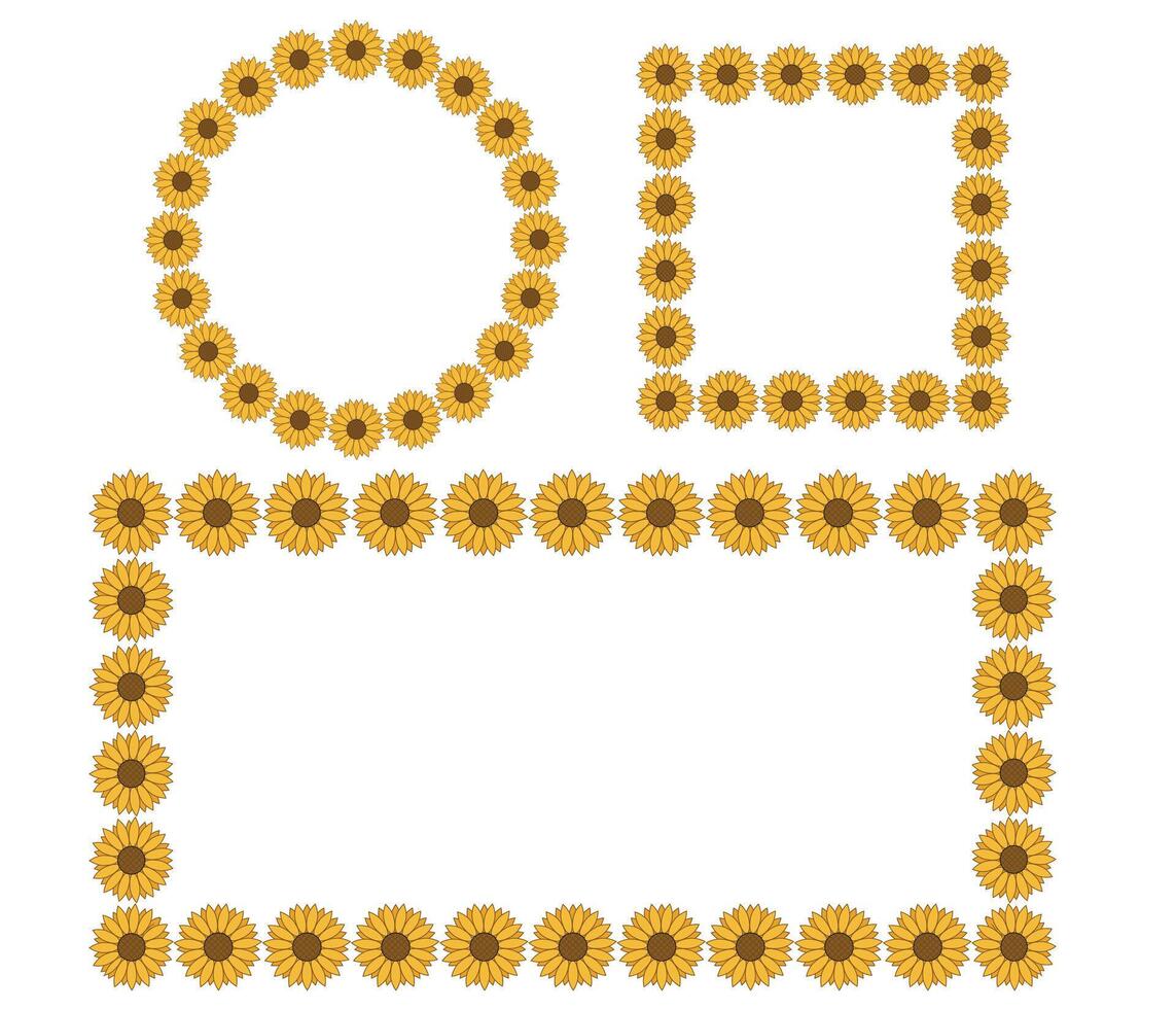 Sunflowers frames collection in round, square and rectangle for decorative element vector