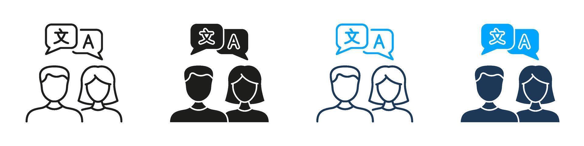 Male And Female Translators With Speech Bubbles Line And Solid Icon Set. Language Translation And Multilingual Dialogue Symbol Collection. Conversation Practice. Isolated Illustration vector
