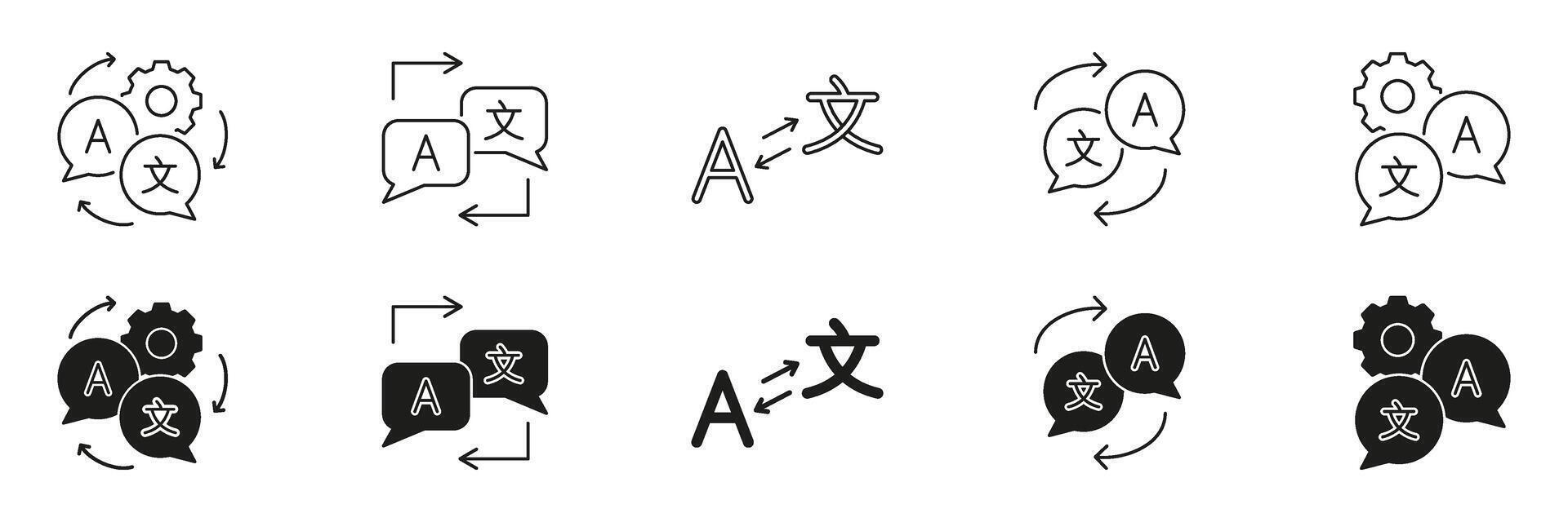 Language Translation And Localization Line And Solid Icon Set. Multilingual Communication And Software Localization Symbol Collection. Speech Bubbles And Arrows. Isolated Illustration vector