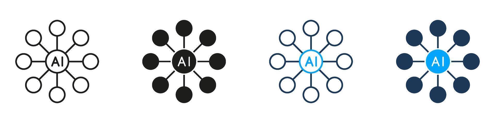 AI Network Hub Digital Connections Line and Solid Icon Set. Artificial Intelligence Communication System Symbol Collection. Isolated Illustration vector