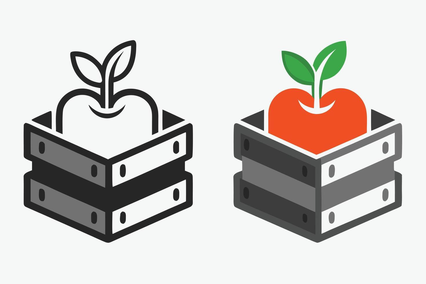 Two fruit crate icons with apples and outline symbol vector