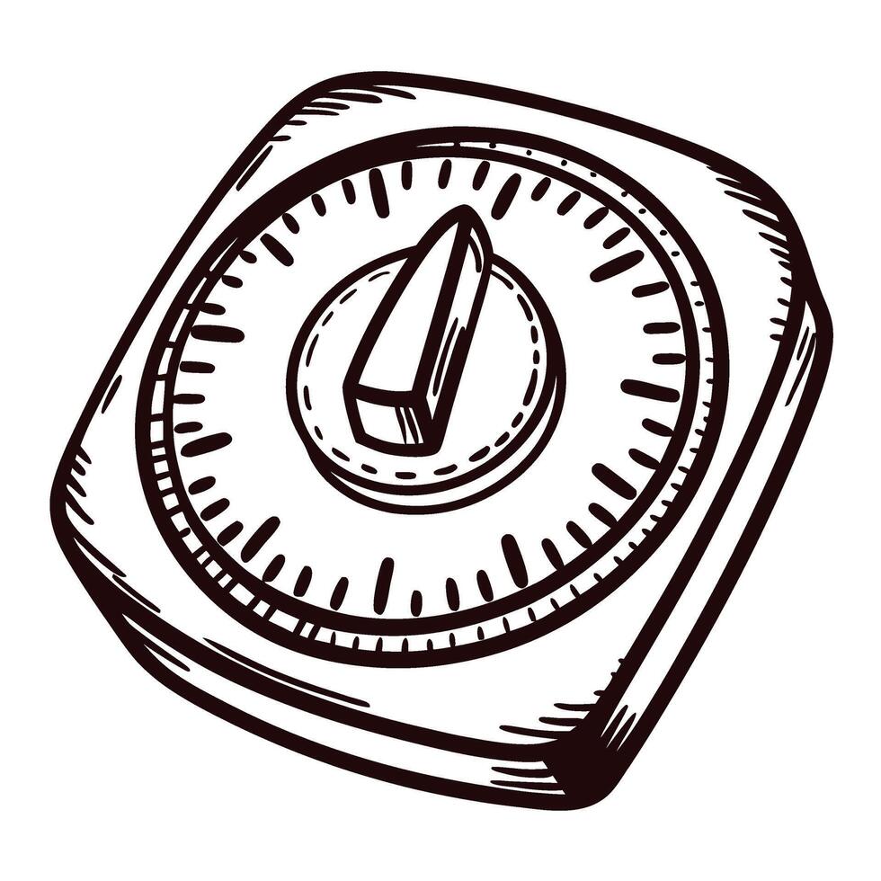 Hand drawn kitchen timer with dial and pointer isolated on white background, vintage engraved illustration vector