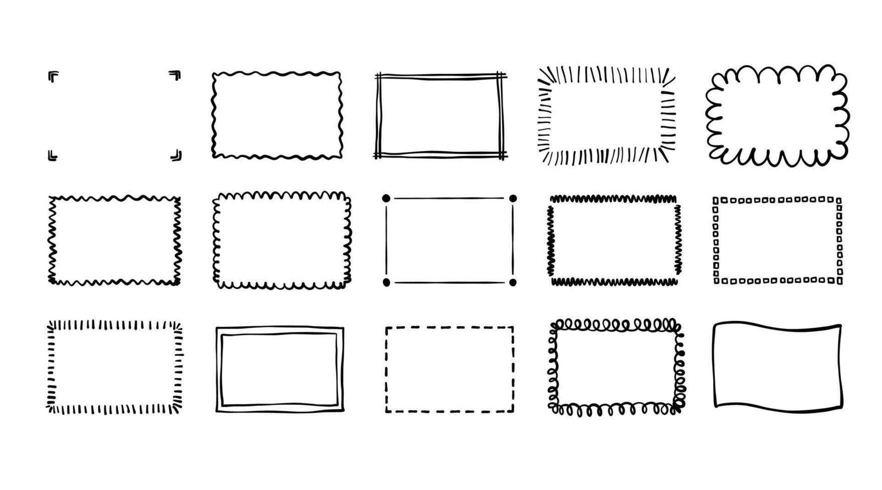 Doodle hand drawn rectangle frames set. Scribble pencil square and rectangular empty text boxes. Simple line border design elements for notes, highlights, or decoration. illustration. vector
