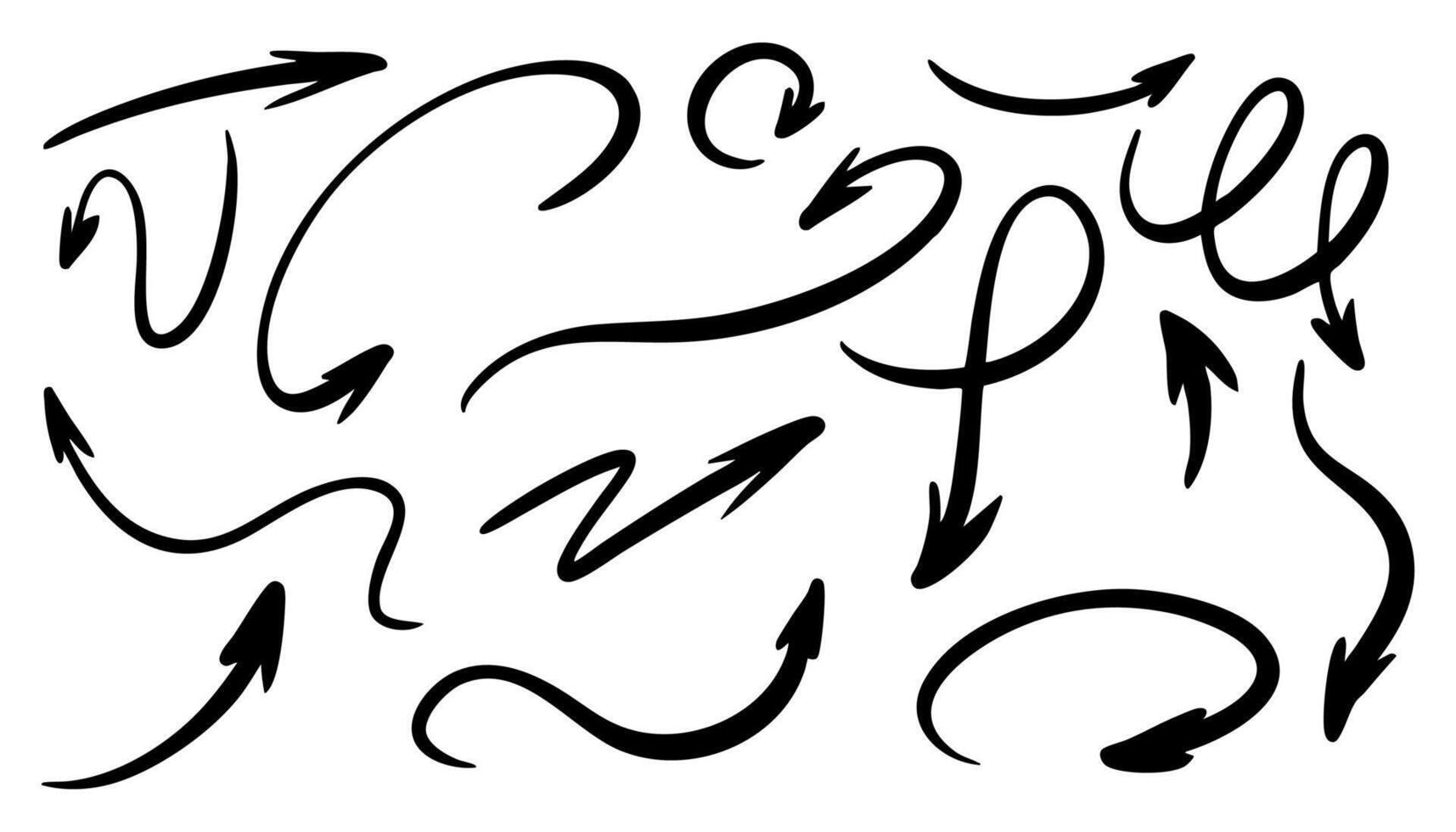 Arrow line icon set. Hand drawn brush sketch arrows in curved, up and down shapes. Chalk, crayon, and grunge scribble style elements. illustration for design, infographics vector