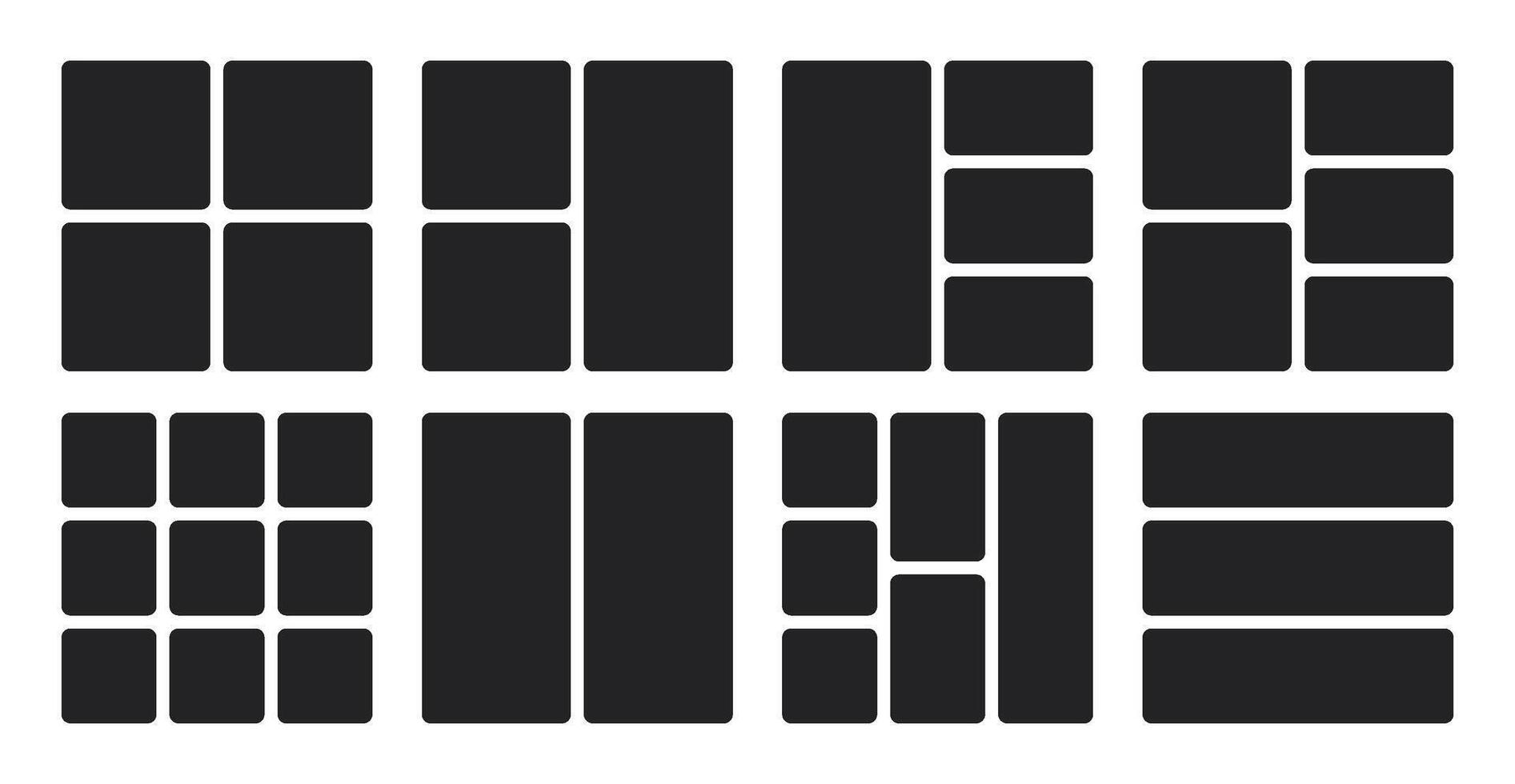 Black modular bento grid backdrop. Mixed frame dimensions, containers, blocks in template layout pattern. design for photo collage presentations. Digital gallery applications. vector