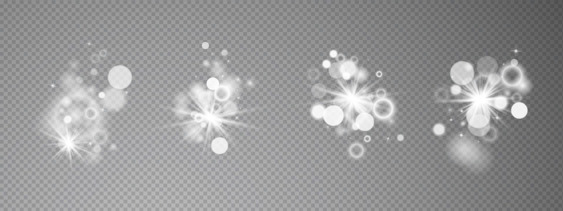 White light effect set collection. Luminous stars, sparks, bursts, flares with radiant beams and rays. glow elements with bright magical shine effects. Overlay objects for digital design. vector
