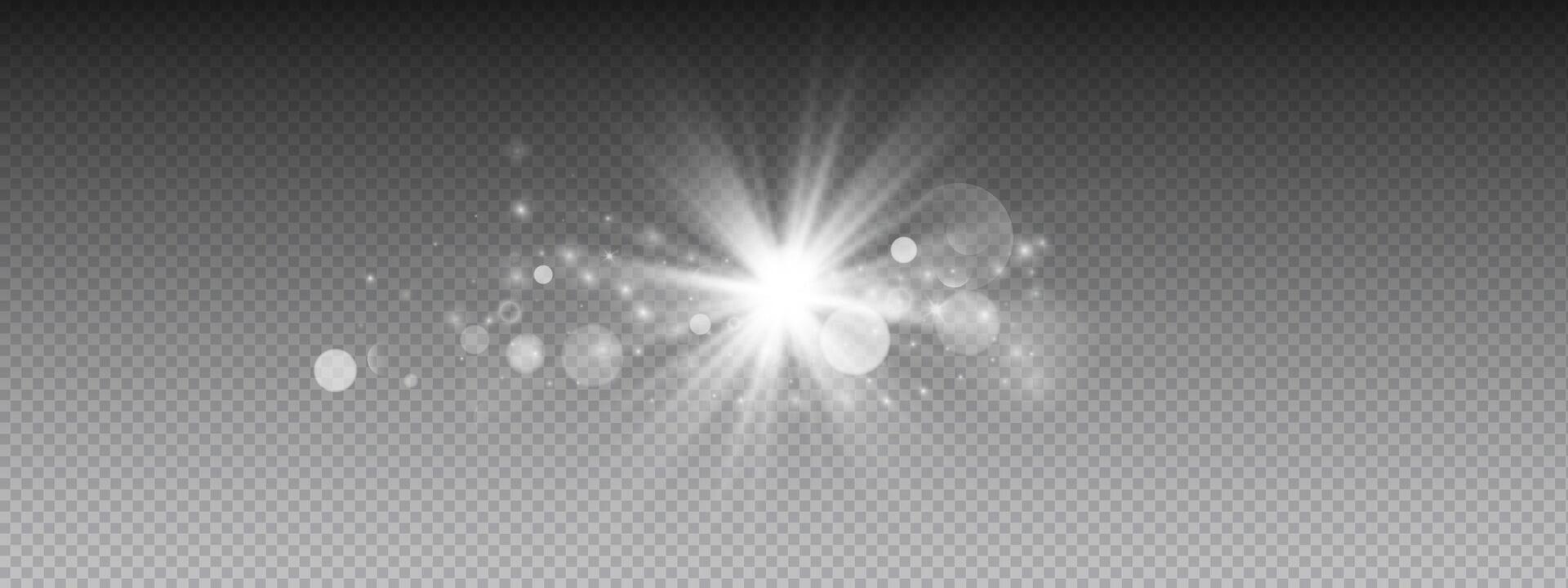 Bright light effect sun element. Central sunburst with radiating beams, rays, sparkles, flares creating luminous glow. shine object with magical transparent effects. Overlay for design vector