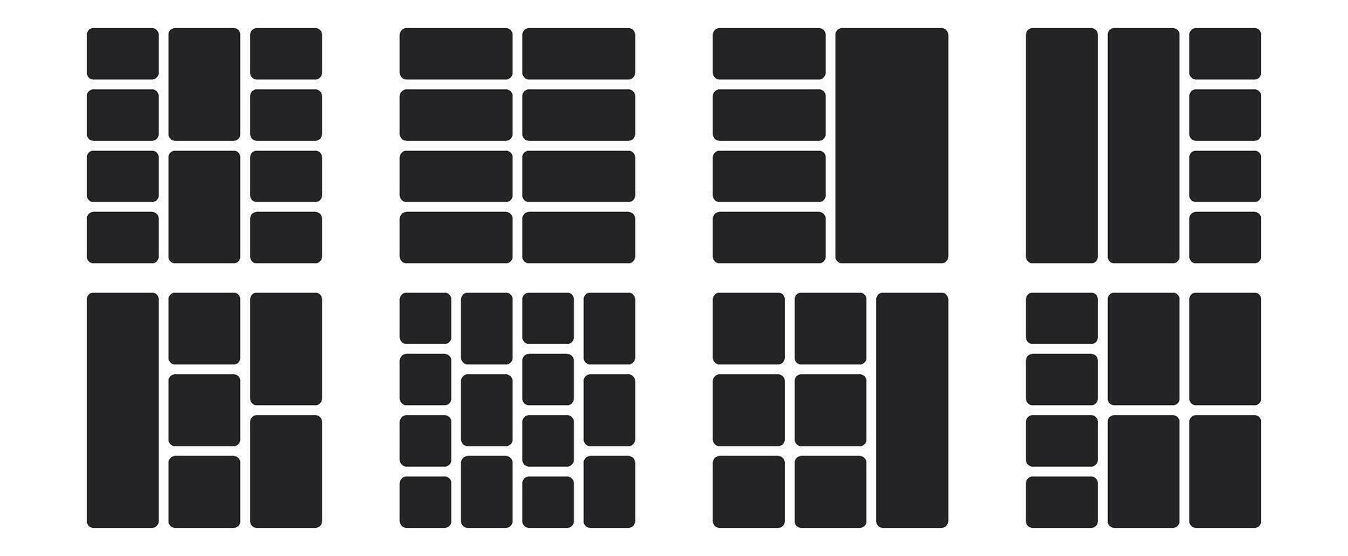Monochrome grid template texture background. Diverse rectangular frames, segments, boxes in bento layout arrangement. modular photo design. Gallery presentation structure. vector