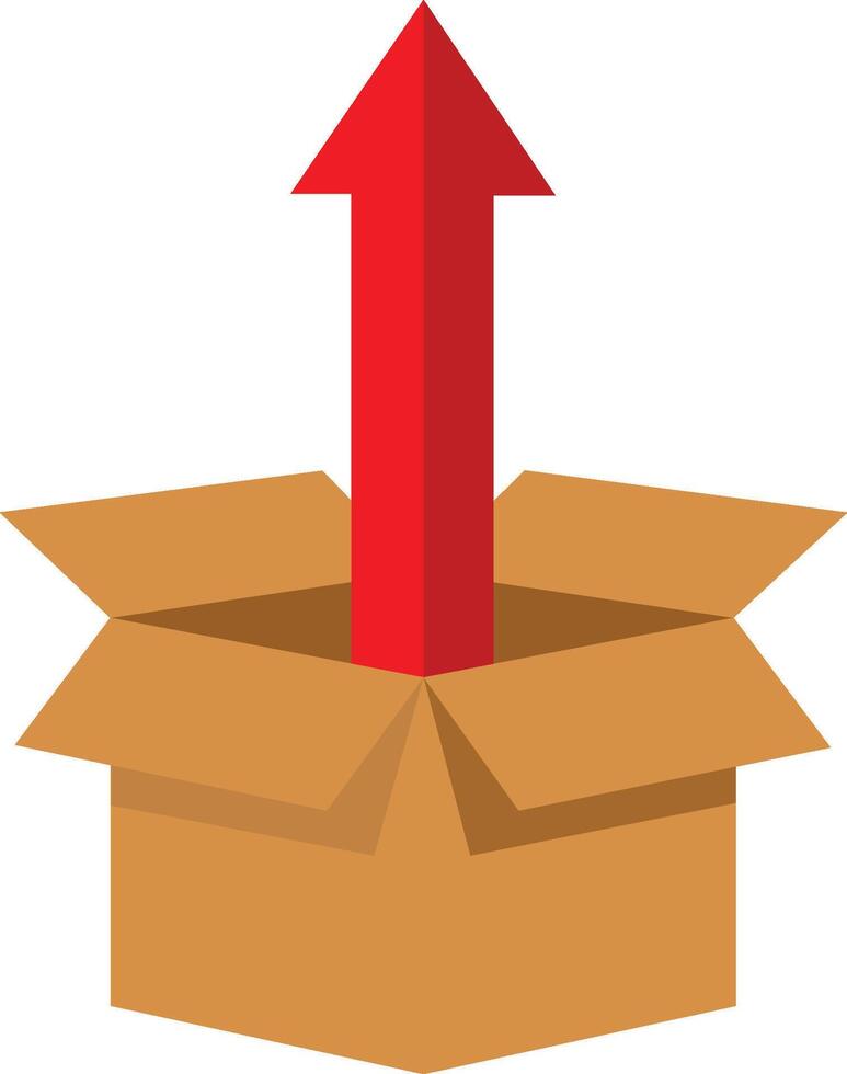 Red arrow emerging from open cardboard box graphic open box brown box vector