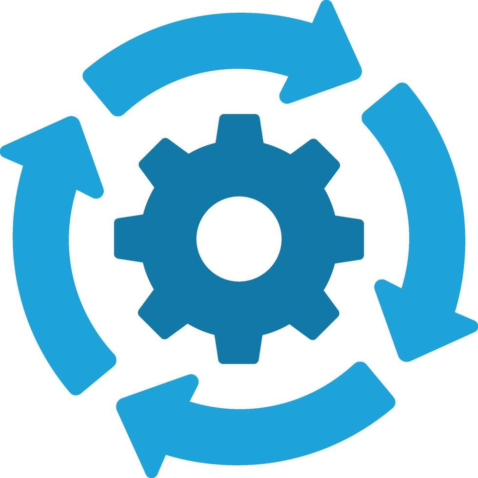 Blue gear with circular arrows icon representing workflow and process cogwheel cycle vector