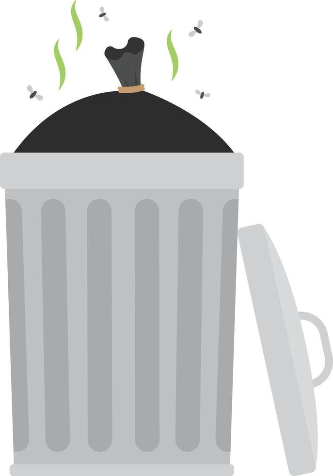 Trash Can with Flies Flat Illustration. Clean Icon Design Element on Isolated White Background vector