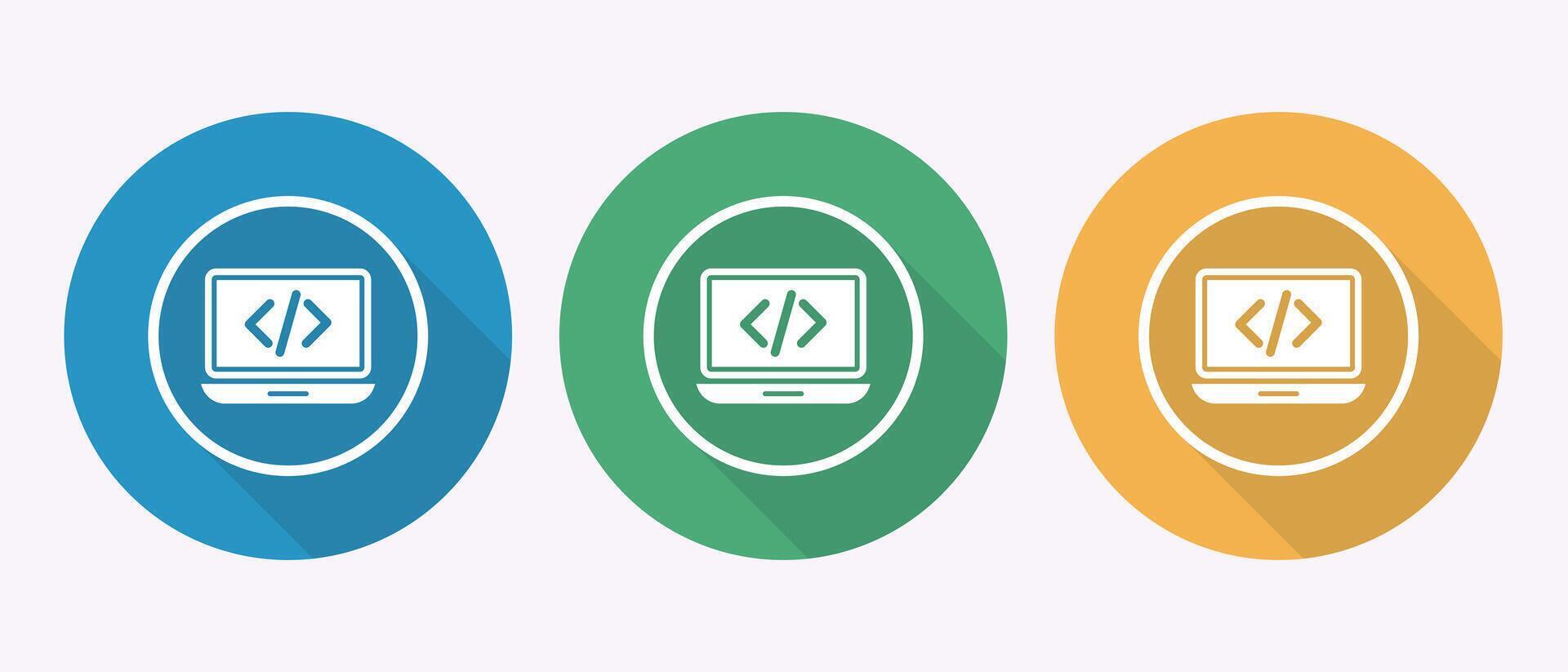 Software Development App Icon With Angle Brackets Blue Green Gold Circle Long Shadow Design vector