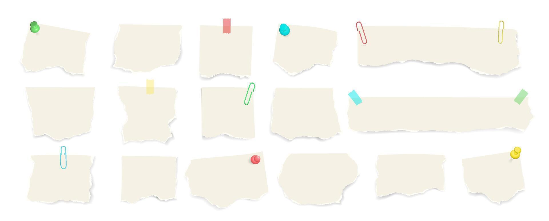 Paper notes with adhesive tape, push pins, and clips. template with blank sheets, sticky notes, and ripped paper pieces for stationery, reminders, or collage design. vector