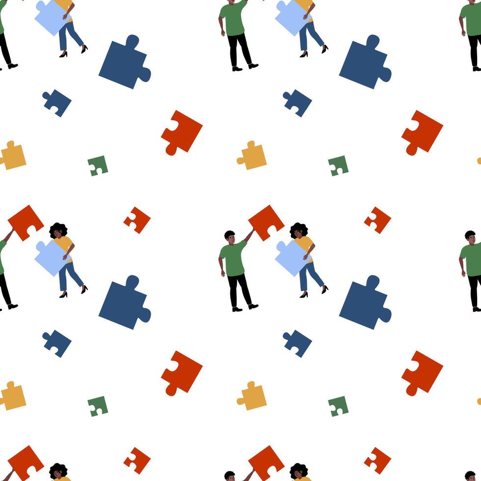 People working together to complete a colorful puzzle on a light background vector