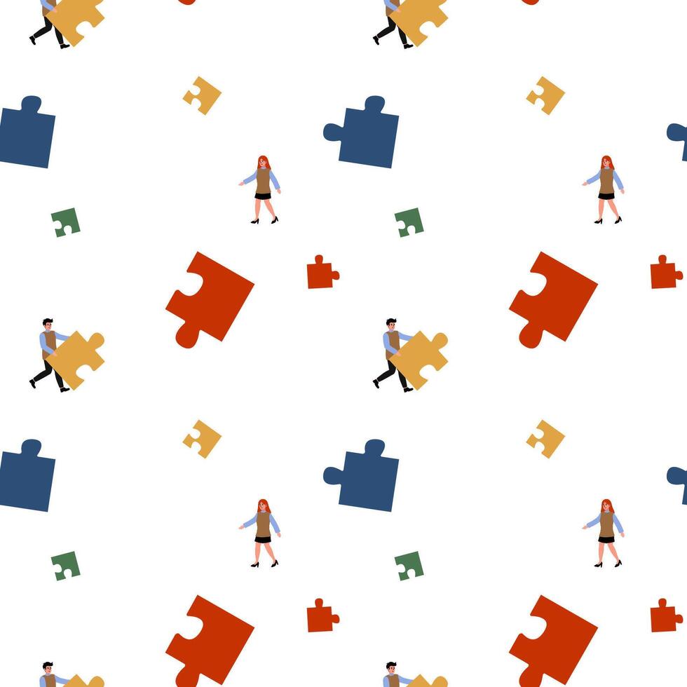 People working together to complete a puzzle in a playful design vector