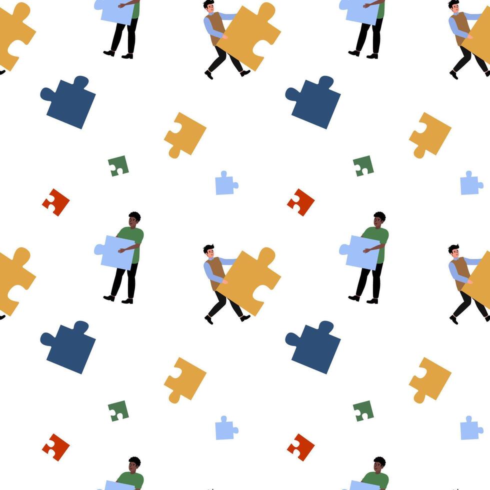 People working together to complete a puzzle in a bright and colorful setting vector