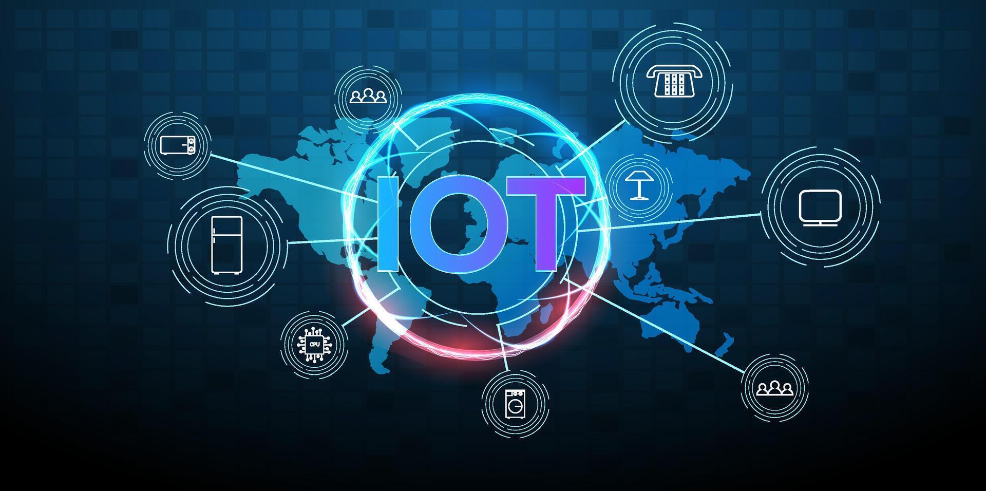 Connecting devices around the world in the Internet of Things with various icons depicting smart technology vector
