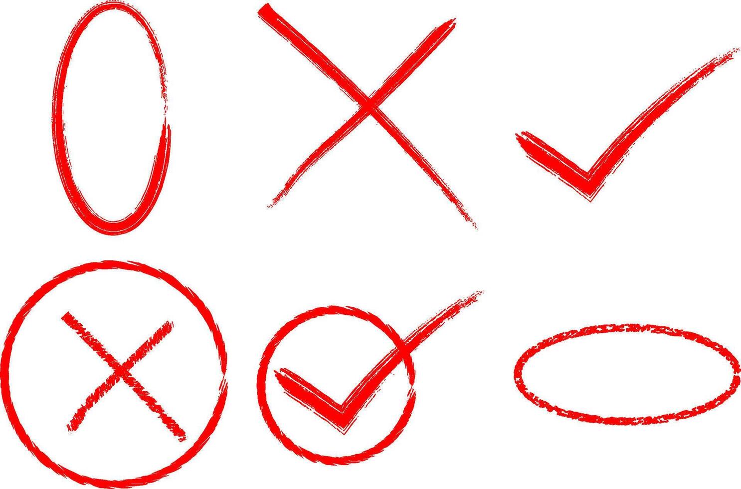 Hand drawn check mark, cross mark and circle isolated on white background vector