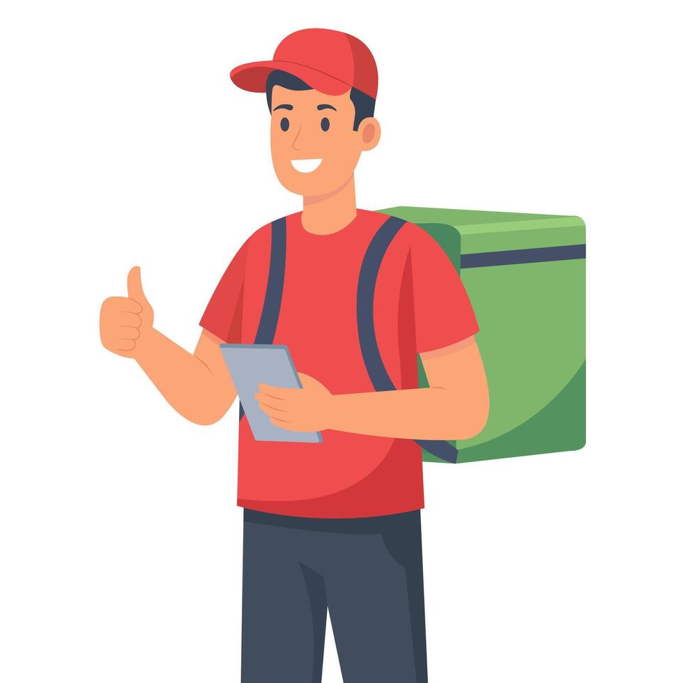 Delivery Boy with Smart Device Checking Online Orders. a delivery boy checking online orders using a digital device, representing smart logistics and technology-driven courier management. vector