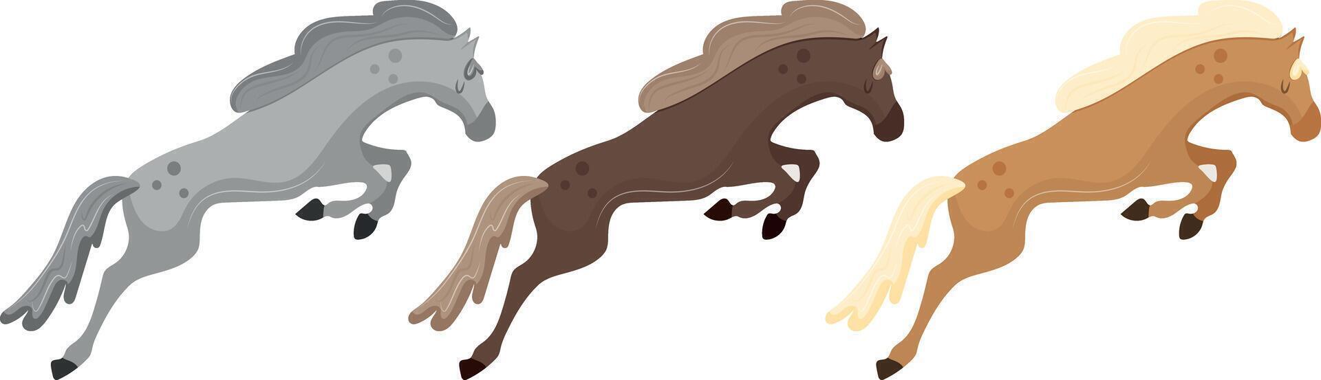 set of icons of the symbol of the new year 2026, namely colorful cartoon horses at the moment of jumping, for Christmas, New Year's designs, applications, social networks or stickers vector