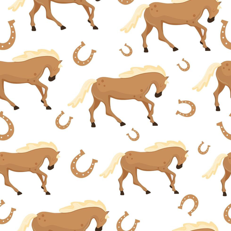 seamless pattern with icons of the symbol of the New Year, namely a horse with a tilted head and a bent leg and a horseshoe, for textile templates, packaging or other thematic printing vector