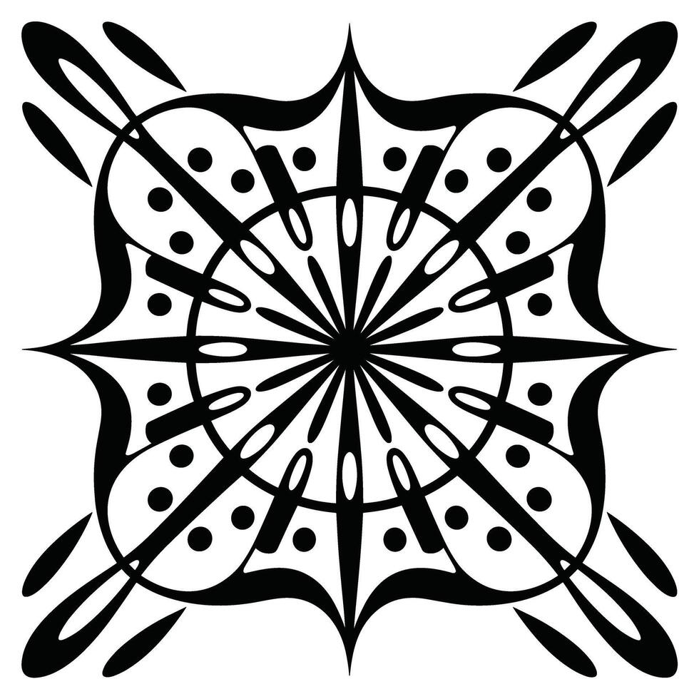 Black Geometric Mandala with Dots and Oval Shapes on White Background circular pattern vector