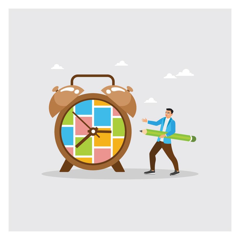 Project manager hold large pencil with task to do list on alarm clock. vector