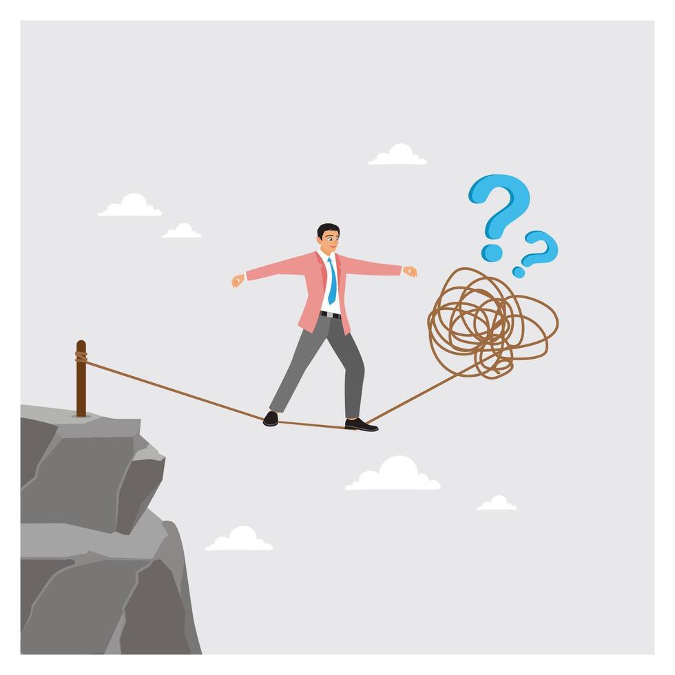 Acrobat businessman walks on a tangled rope to find a question mark. vector