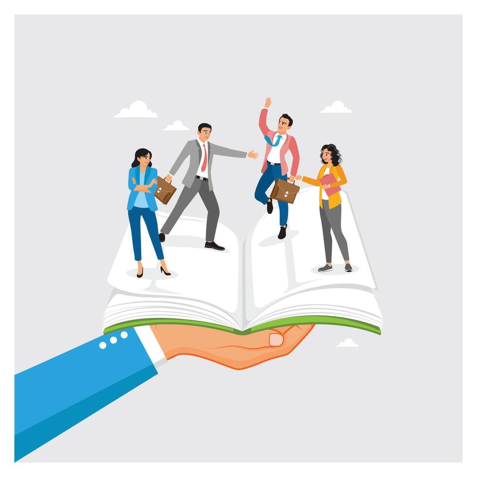 Manager Hand Holds Open Handbook with Diverse Employees. vector