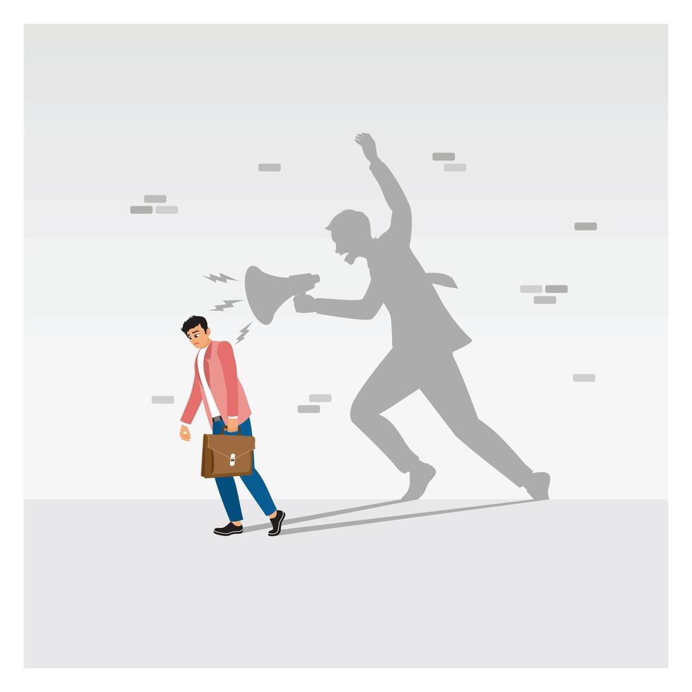 Depressed businessman employee self shadow bully blame with megaphone. vector