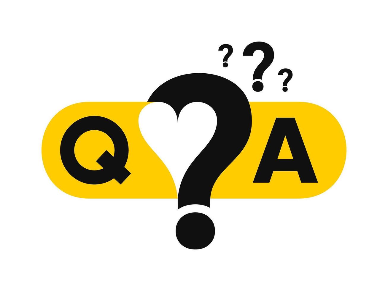 moderno q y un ilustración con pregunta y responder concepto y corazón icono. plano diseño en amarillo, negro, blanco. Perfecto para Preguntas más frecuentes, apoyo, ayuda centro, prueba, o conocimiento base gráficos vector