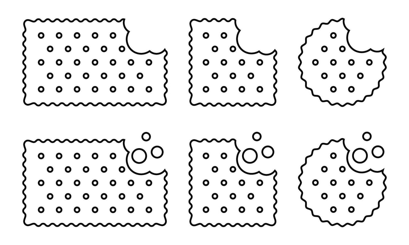 Set of bitten crackers with crumbs icons. Sweet or salty biscuit cookies in round, square and rectangle shapes. Children's crunchy snacks isolated on white background. outline illustration vector