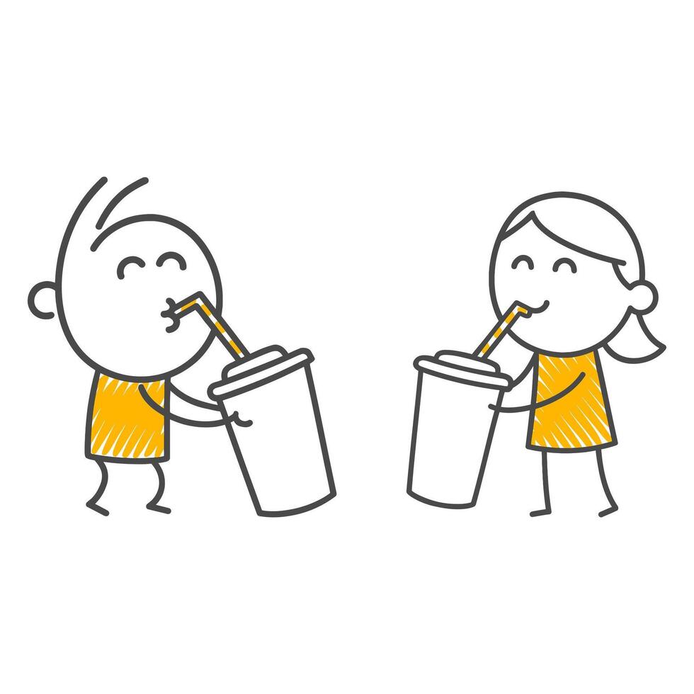 Two Friends Cooling Off and Chatting While Drinking Large Cold Beverages with a Straw During a Hot Day or a Break from Intense Work. vector