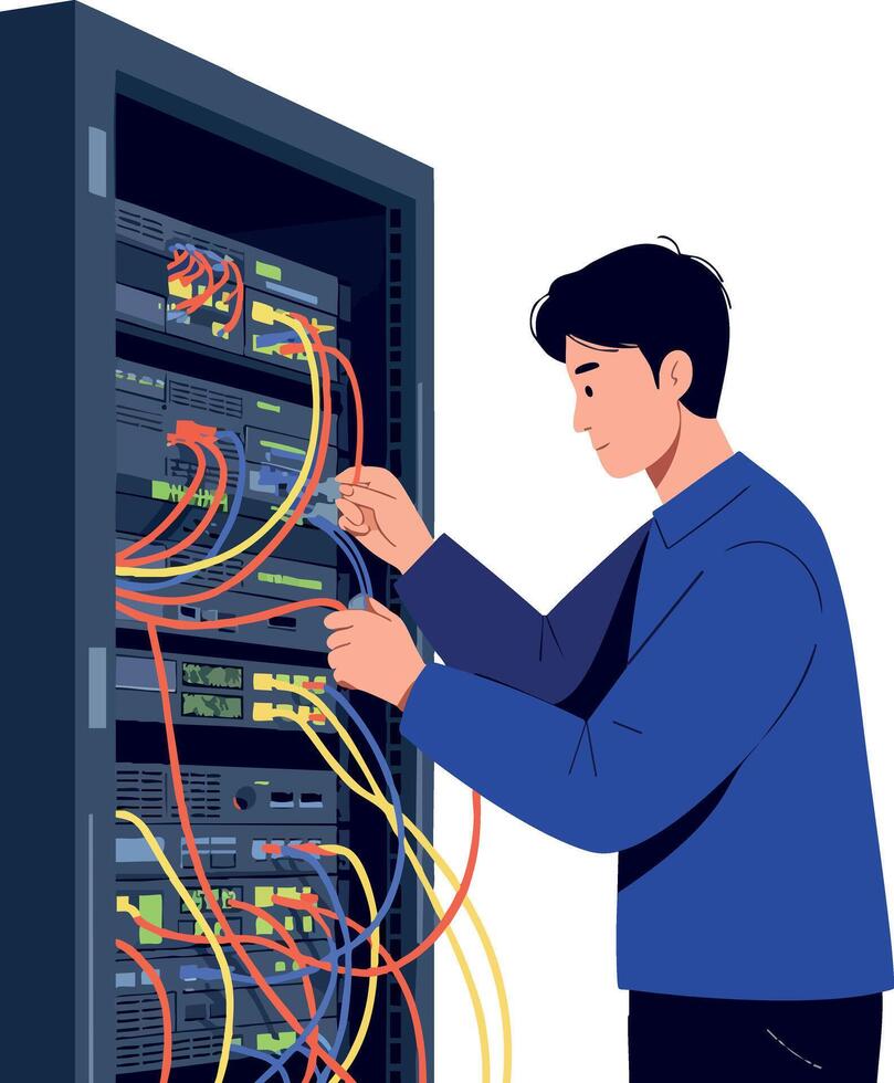 Network technician working with server cables in data center rack for IT infrastructure maintenance and connectivity solutions illustration vector