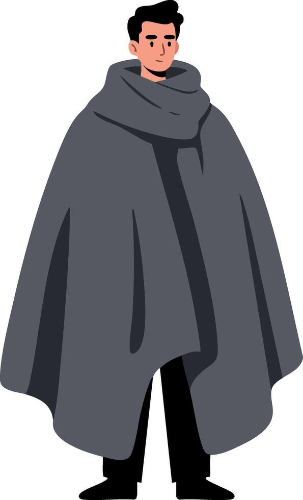 Man wearing oversized gray cloak standing with hands hidden in sleeves minimalistic illustration vector