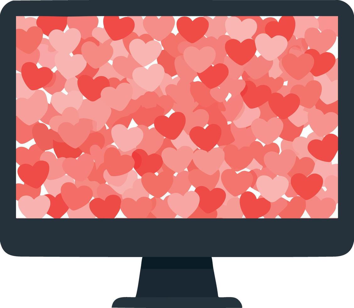 Computer monitor with red and pink heart shapes symbolizing love and affection on screen illustration vector