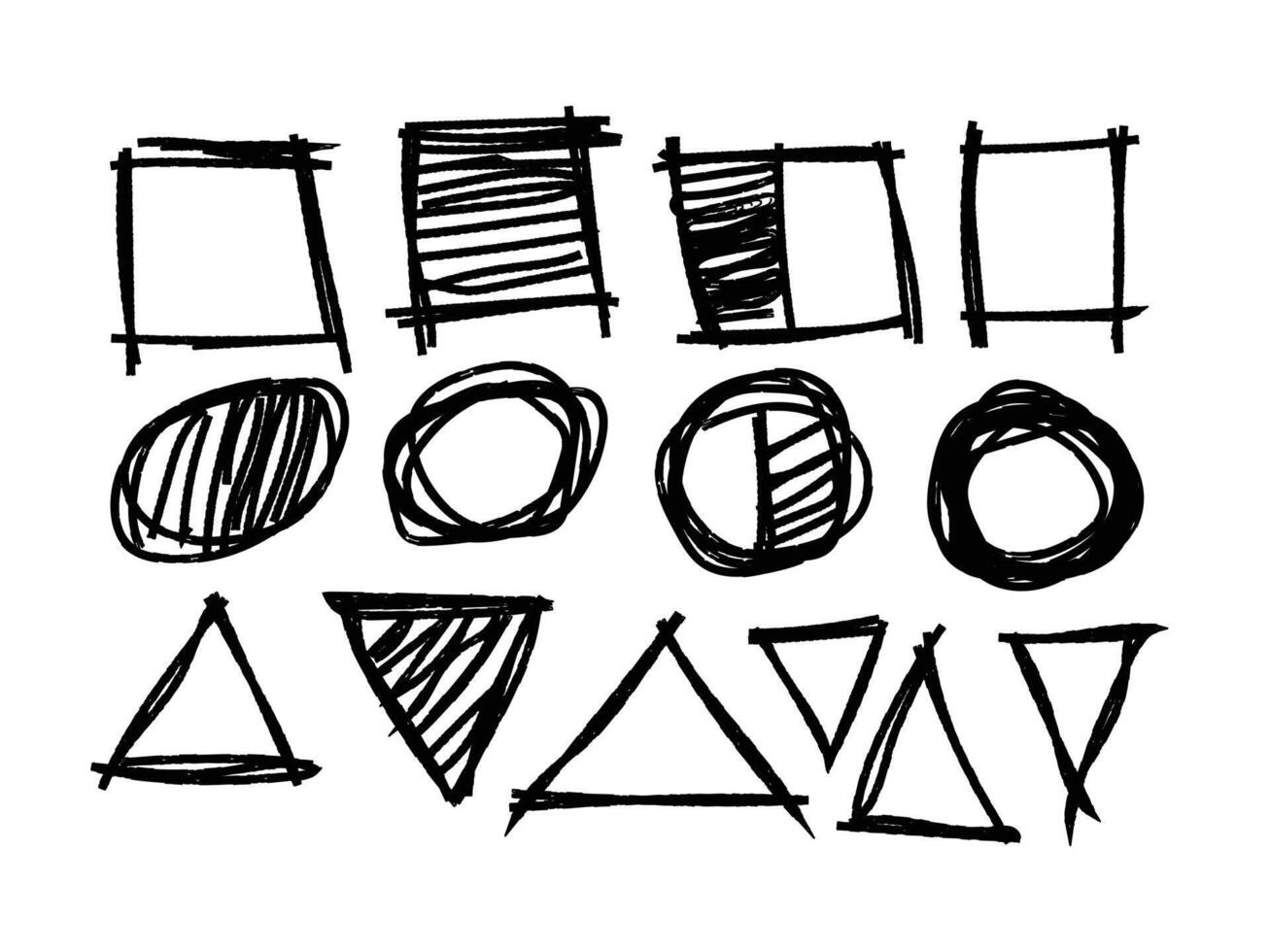 A collection of rough, hand drawn geometric shapes including squares, circles, and triangles, some with hatching, on a white background. vector
