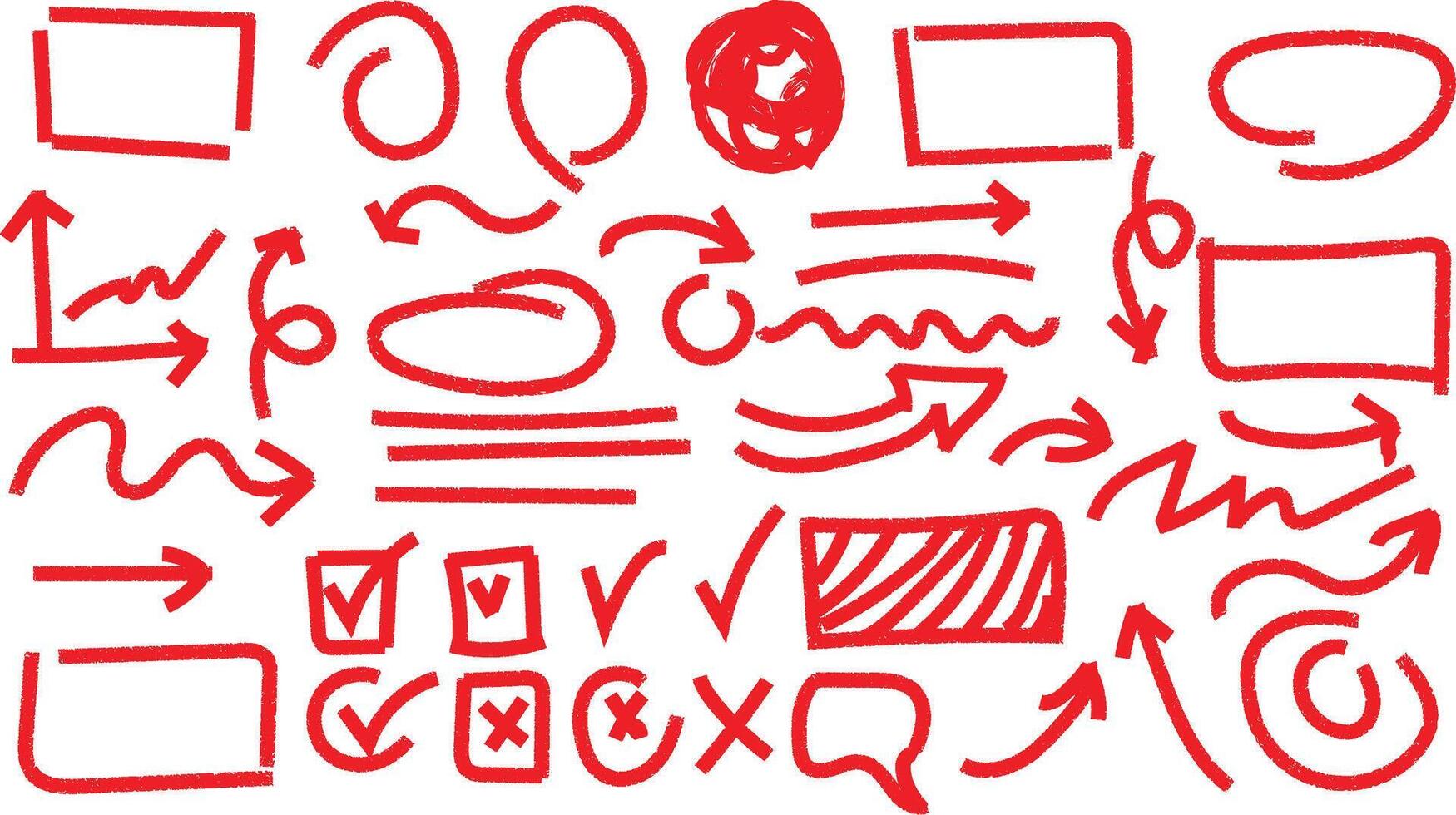Collection of hand drawn red arrows checkmarks circles and boxes. vector