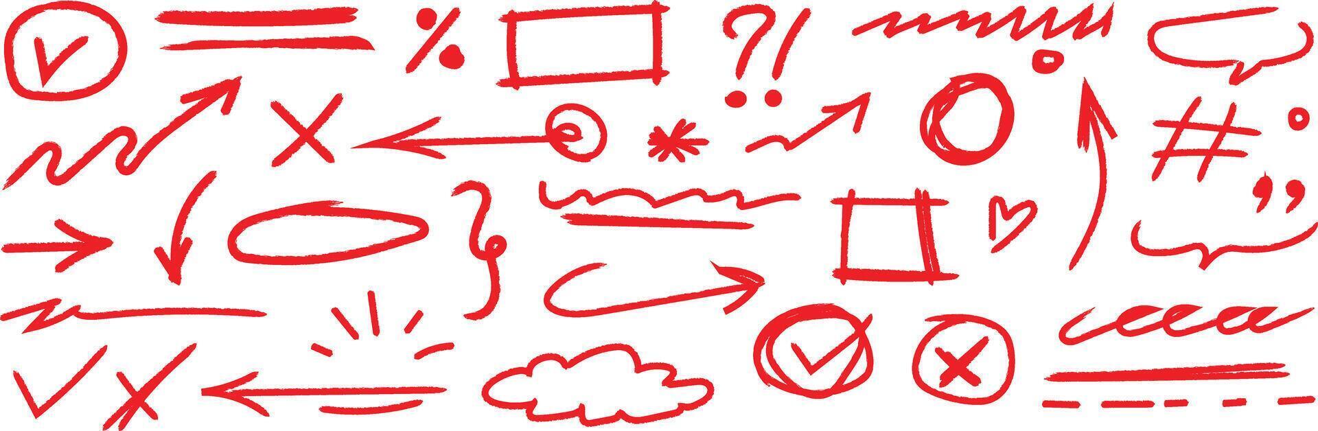 A collection of red abstract doodles and sketches on a white background featuring various shapes symbols and figures. vector