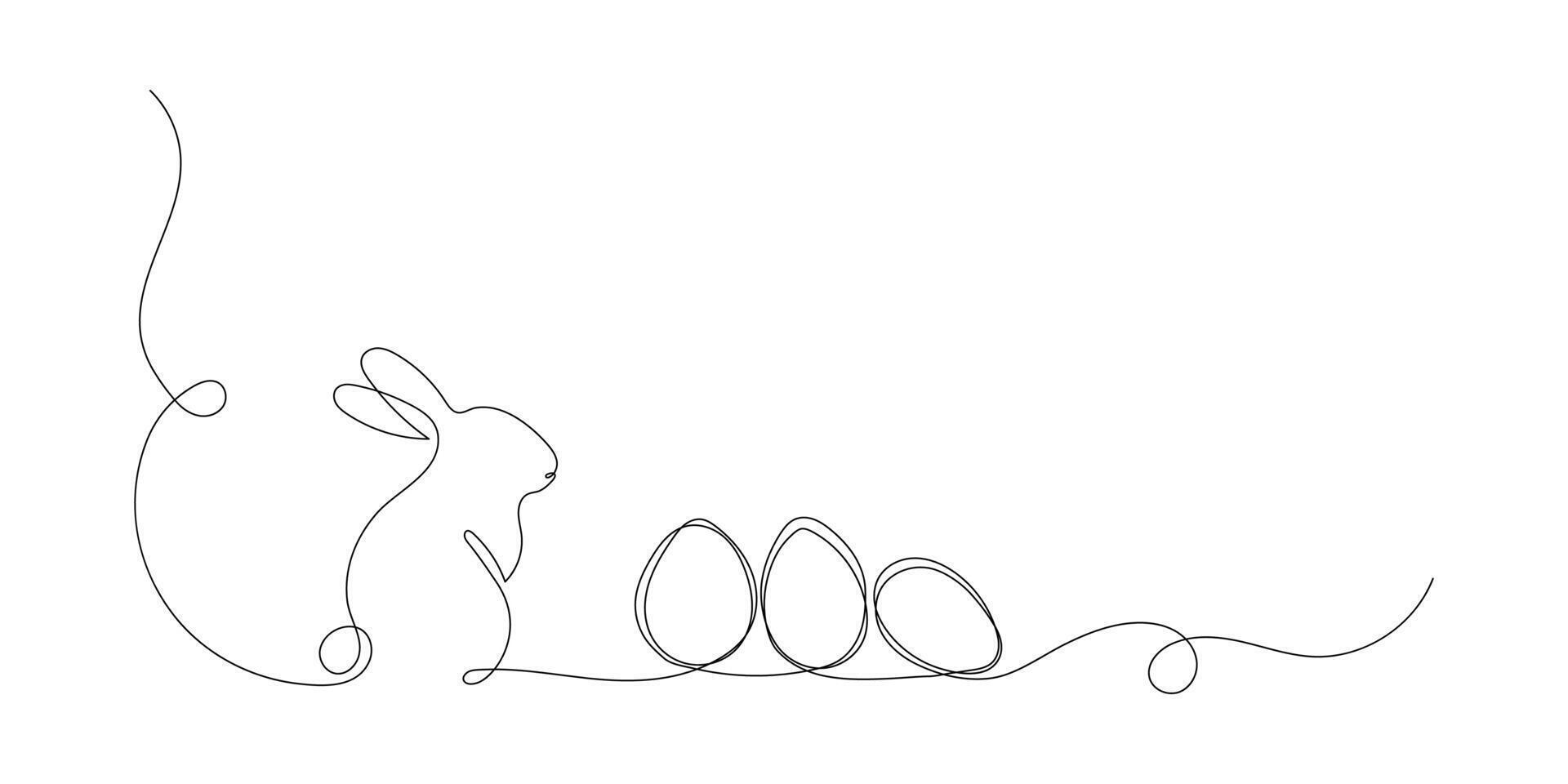 Continuous one line drawing of Easter eggs and rabbit. Greeting banner design with bunny and ears in simple linear style vector