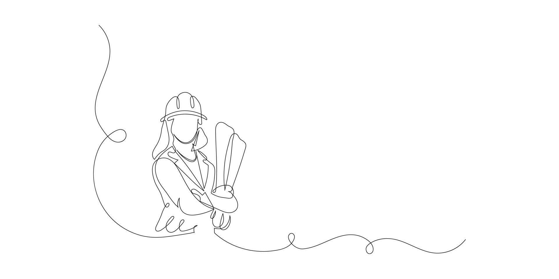 Continuous single line drawing of civil engineer or architect with constructions plans, line art concept concept vector