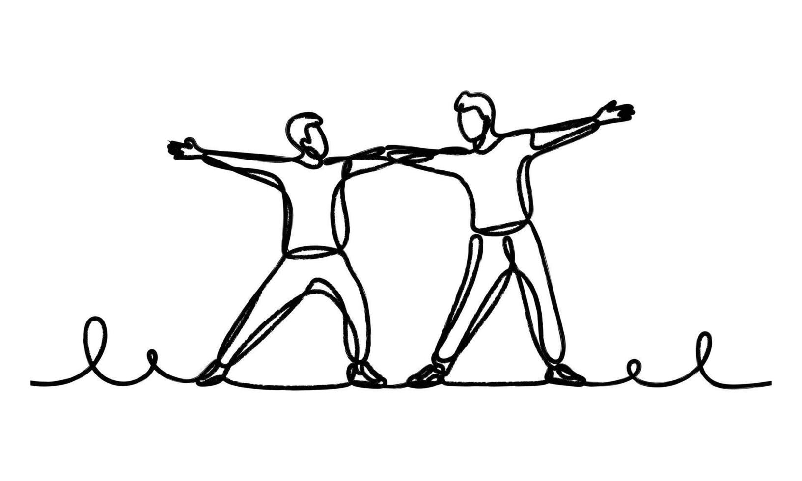 Continuous line drawing of two people exercising together in harmony vector