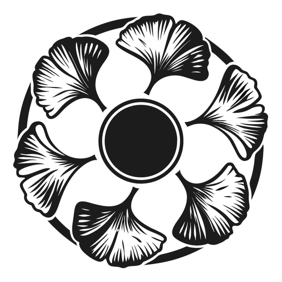 Stylized ginkgo leaves arranged in a symmetrical circular pattern, decorative black and white botanical motif design vector