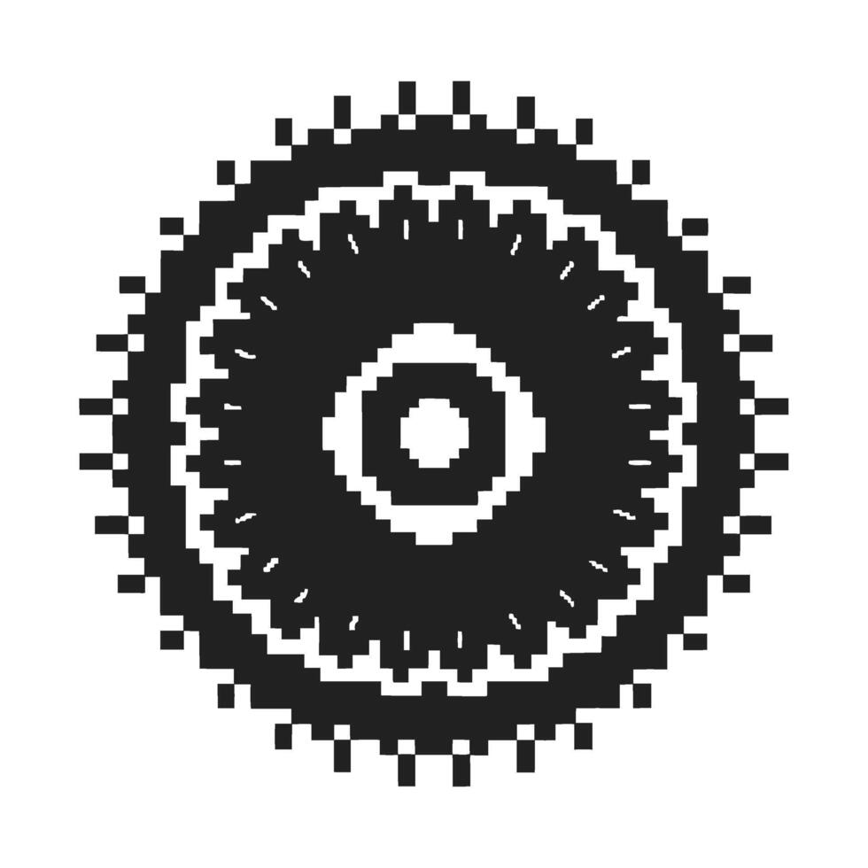 Pixelated circular gear symbol abstract black and white mechanical cog design with geometric pixel art pattern vector