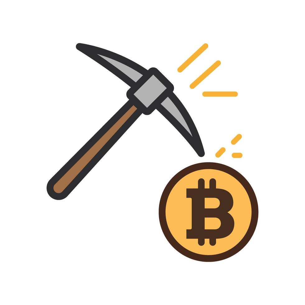 A gray pickaxe striking golden bitcoin with impact lines showing crypto mining on white background vector